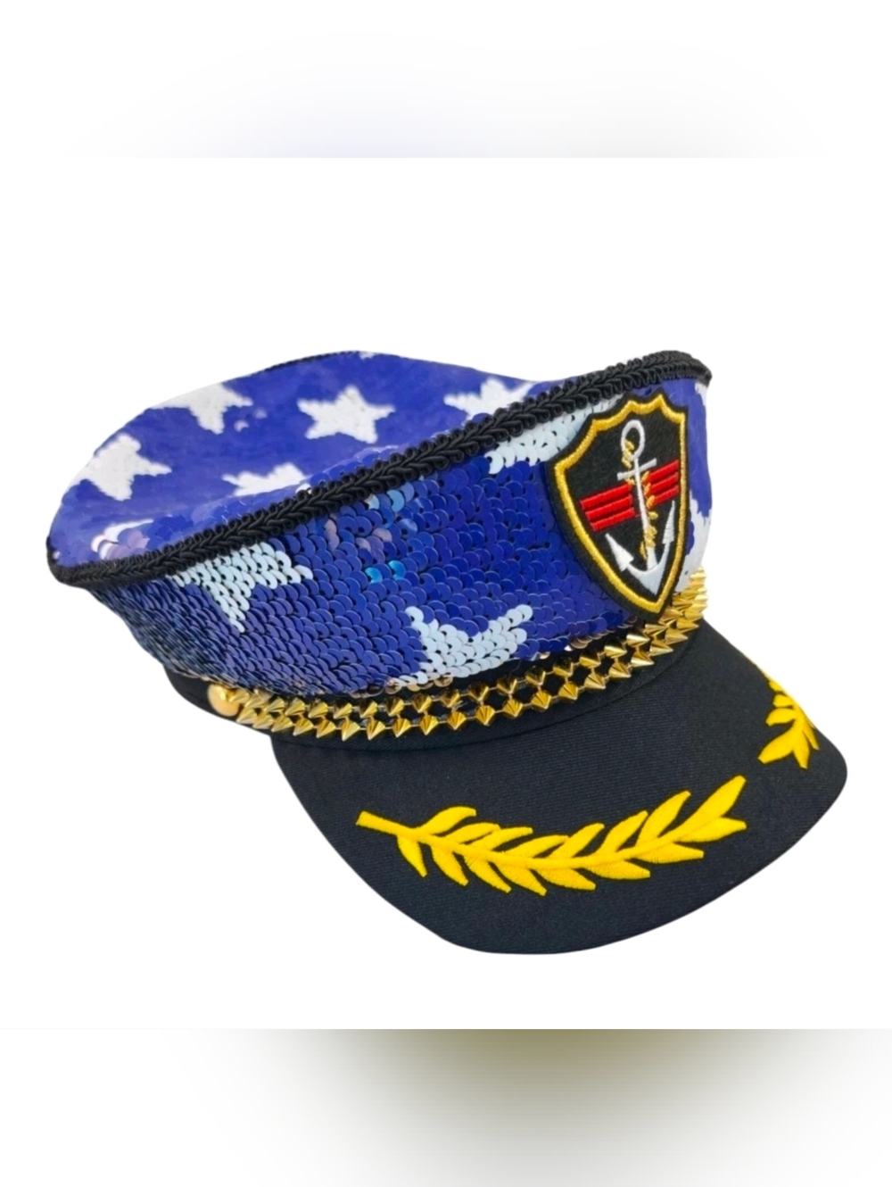 Patriotic Sequin Star Sailor Cap with Anchor Patch - Blue & Gold